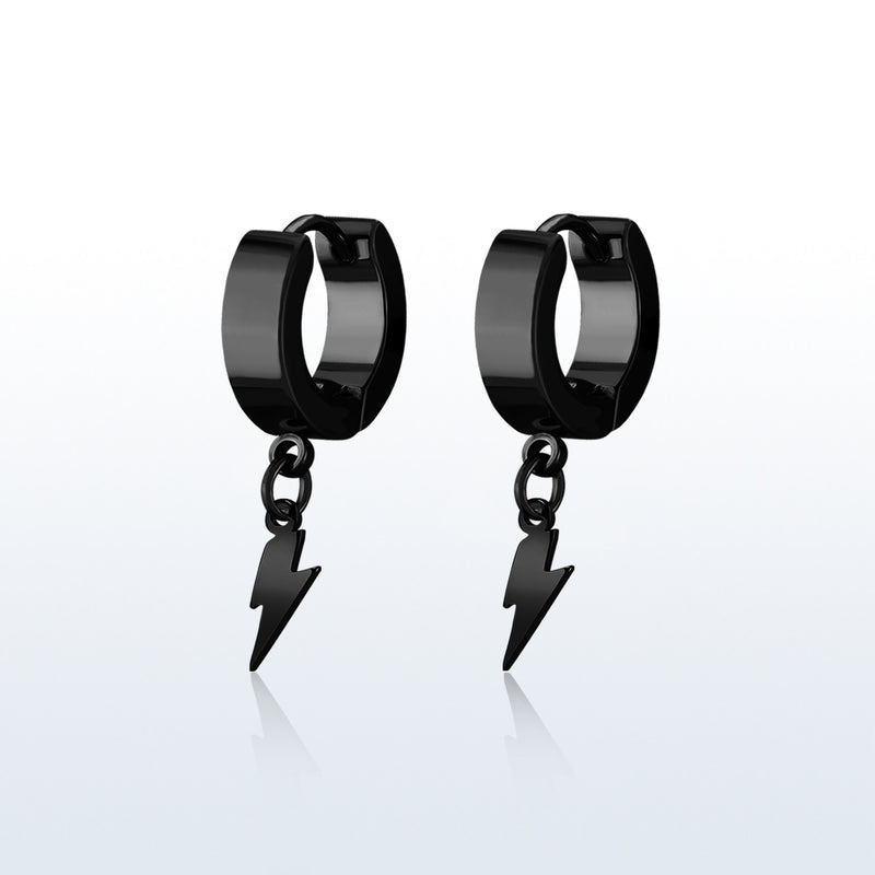 Pair of 316L Surgical Steel Black PVD Bolt of Lightning Dangle Hoop Earrings - Pierced Universe