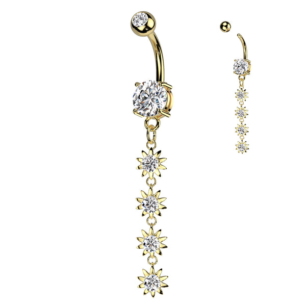 316L Surgical Steel Gold PVD White CZ Gem Long Flower Dangly Belly Ring - Pierced Universe