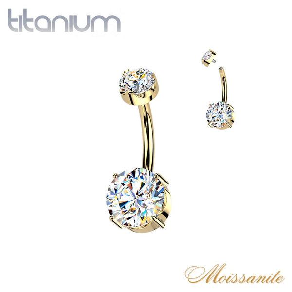 Implant Grade Titanium Gold PVD White Moissanite Internally Threaded Round Belly Ring