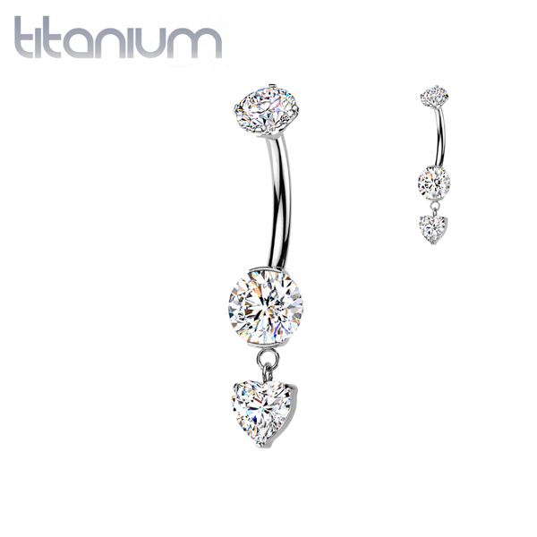 Implant Grade Titanium White CZ Gem Circle & Heart Dangle Belly Ring - Pierced Universe