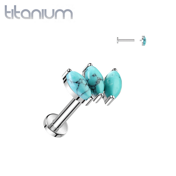 Implant Grade Titanium Triple Marquise Turquoise Internally Threaded Flat Back Labret