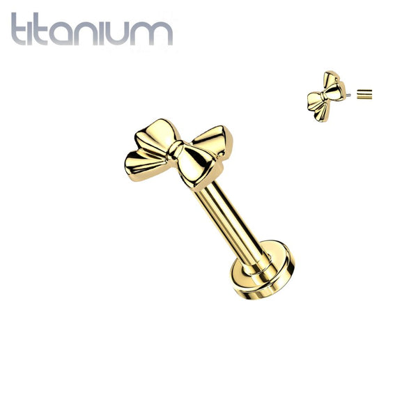 Implant Grade Titanium Threadless Gold PVD Bow Push In Labret With Flat Back