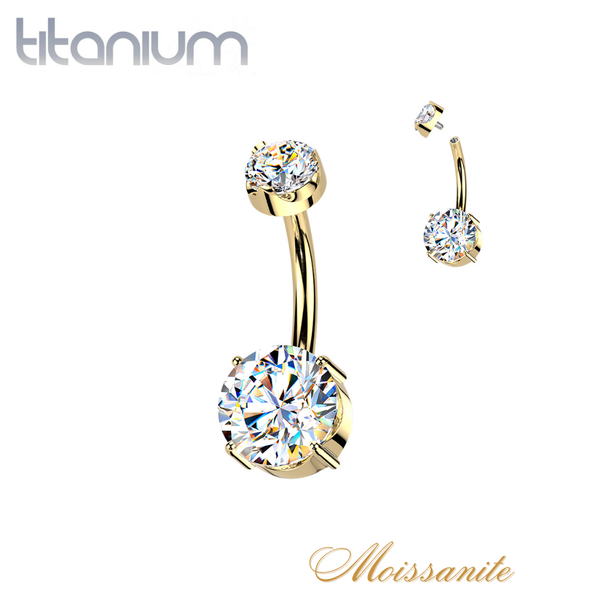 Implant Grade Titanium Gold PVD White Moissanite Internally Threaded Round Belly Ring - Pierced Universe