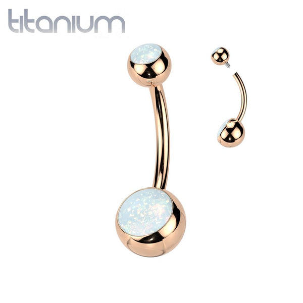 Implant Grade Titanium Rose Gold PVD White Opal Internally Threaded Belly Ring