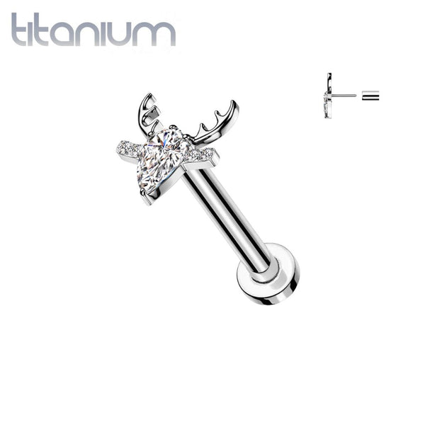 Implant Grade Titanium Threadless White CZ Deer Push In Labret With Flat Back