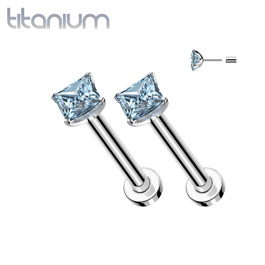 Pair of Implant Grade Titanium Threadless Square Aqua CZ Gem Earring ...