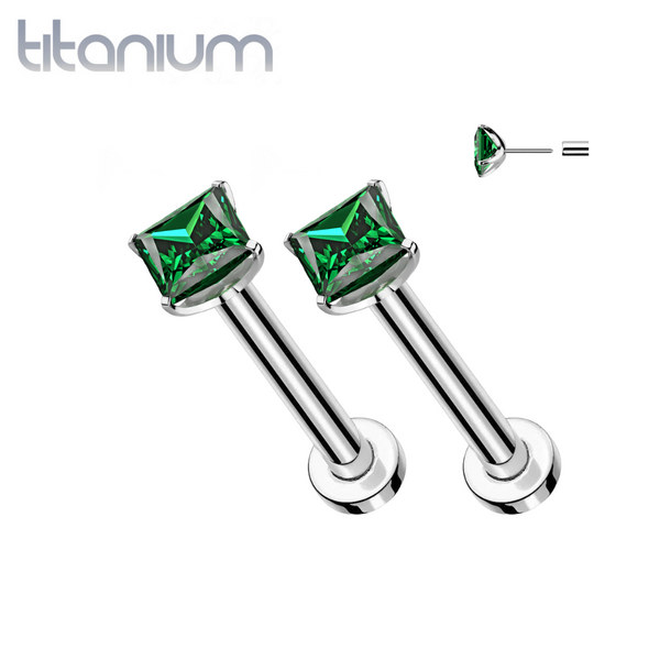 Pair of Implant Grade Titanium Threadless Square Aurora Borealis CZ Gem Earring Studs with Flat Back Pair of Implant Grade Titanium Threadless Square Aurora Borealis CZ Gem Earring Studs with Flat Back