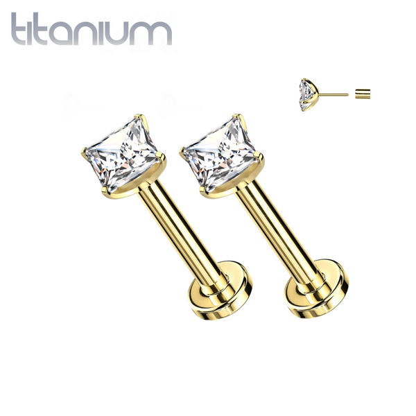 Pair Of Implant Grade Titanium Gold PVD Square White CZ Gem Threadless Push In Earring Studs With Flat Back Pair Of Implant Grade Titanium Gold PVD Square White CZ Gem Threadless Push In Earring Studs With Flat Back
