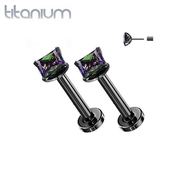 Pair of Implant Grade Titanium Threadless Square Aurora Borealis CZ Gem Earring Studs with Flat Back Pair of Implant Grade Titanium Threadless Square Aurora Borealis CZ Gem Earring Studs with Flat Back