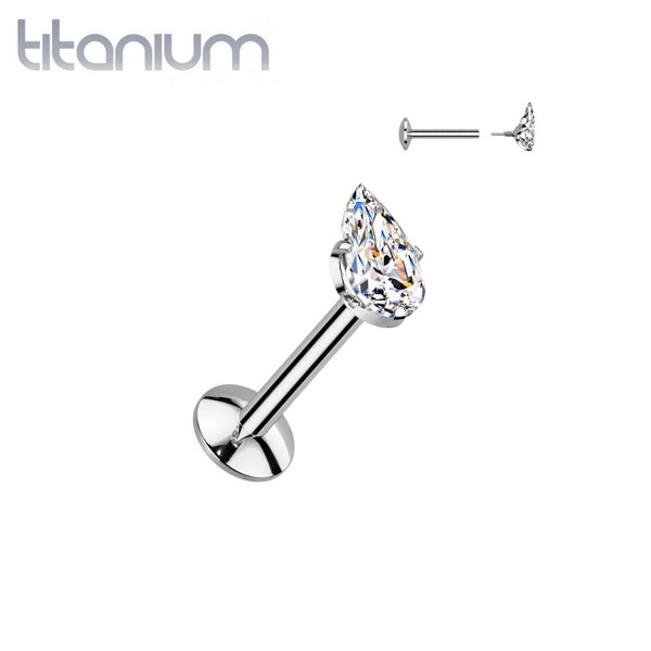 Implant Grade Titanium White CZ Teardrop Shaped Internally Threaded Flat Back Labret - Pierced Universe