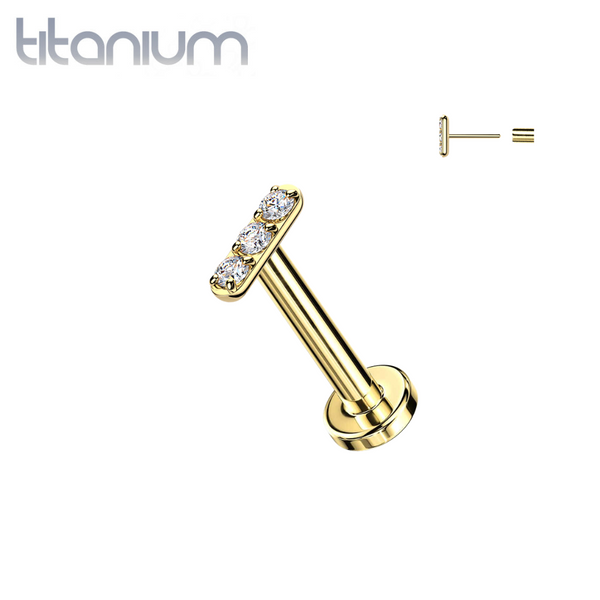 Implant Grade Titanium Gold PVD White CZ Small Dainty Minimal Bar Threadless Labret With Flat Back - Pierced Universe