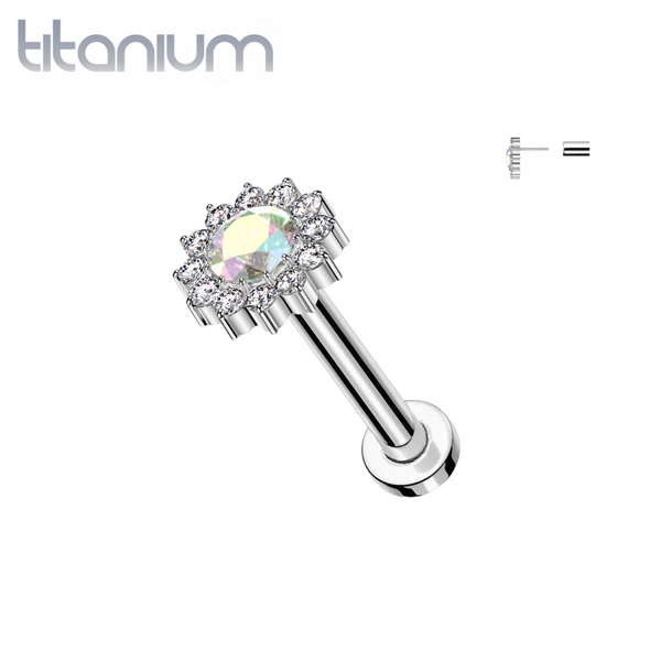 Implant Grade Titanium Aurora Borealis CZ Large Sunflower Threadless Labret With Flat Back - Pierced Universe