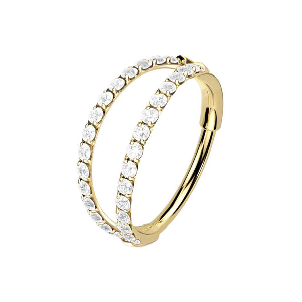 316L Surgical Steel Gold PVD White CZ Pave Double Hoop Nose Ring