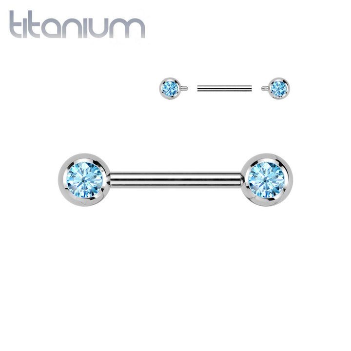 Titanium Internally Threaded Aqua CZ Ball Gem Nipple Ring - Pierced Universe