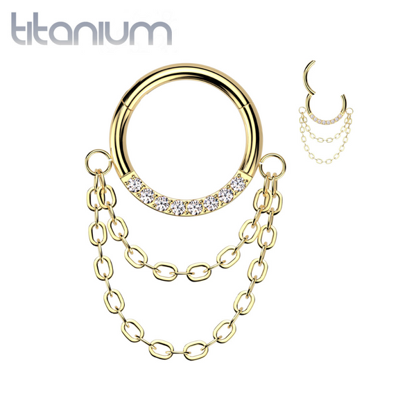 Implant Grade Titanium Gold PVD White CZ Chain Dangle Clicker Hoop - Pierced Universe