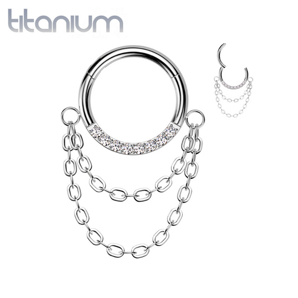Implant Grade Titanium White CZ Chain Dangle Clicker Hoop - Pierced Universe