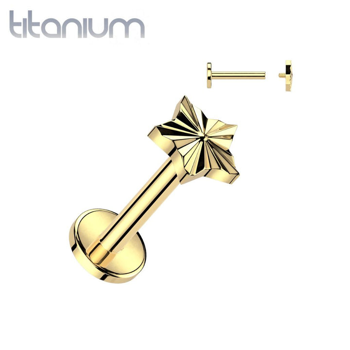 Implant Grade Titanium Gold PVD Internally Threaded Starburst Ridged Star Flat Back Labret - Pierced Universe