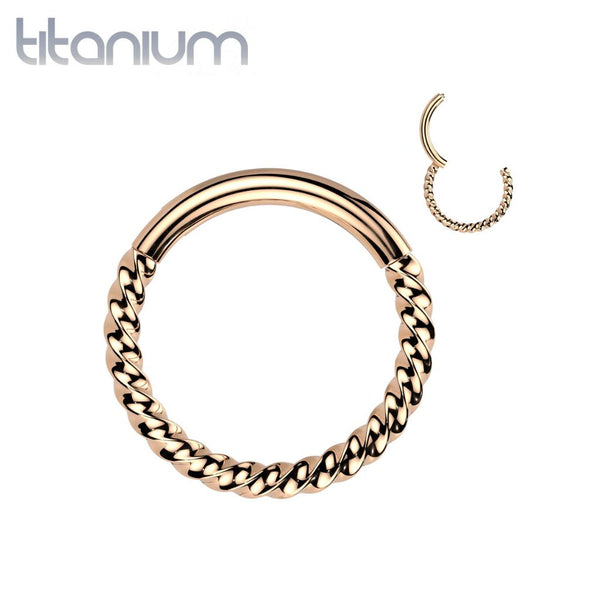 Implant Grade Titanium Rose Gold PVD Braided Twisted Hinged Clicker Hoop - Pierced Universe