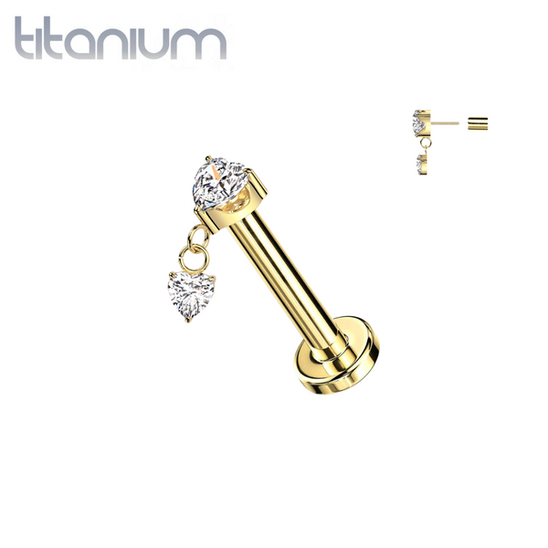 Implant Grade Titanium Gold PVD White CZ Heart Shaped Gem Dangly Threadless Push In Labret