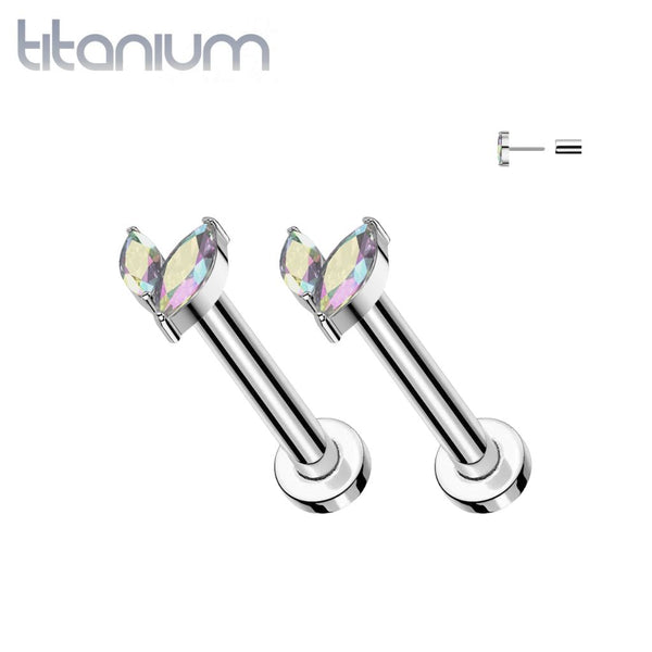 Pair of Implant Grade Titanium AB CZ Leaf Marquise Gem Push In Threadless Earrings With Flat Back - Pierced Universe