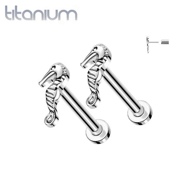 Implant Grade Titanium Seahorse Threadless Push In Earrings With Flat Back