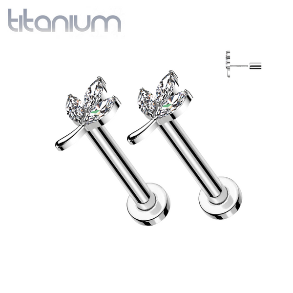 Pair of Implant Grade Titanium White CZ Leaf Threadless Push In Earrings With Flat Back