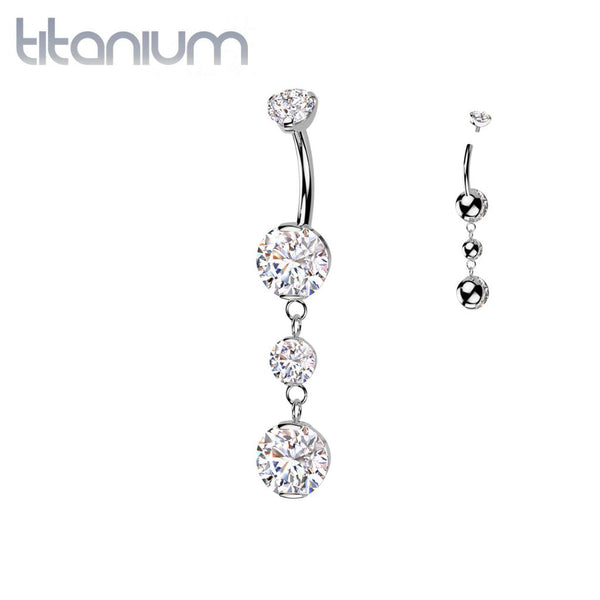 Implant Grade Titanium White CZ Internally Threaded Multi Gem Dangle Belly Ring