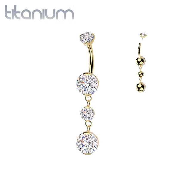 Implant Grade Titanium Gold PVD White CZ Internally Threaded Multi Gem Dangle Belly Ring