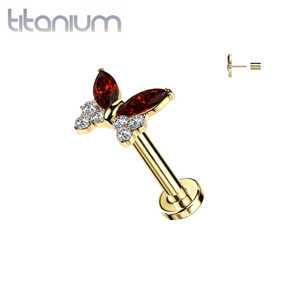 Implant Grade Titanium Gold PVD Red & White CZ Butterfly Threadless Labret With Flat Back - Pierced Universe