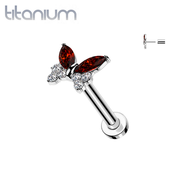 Implant Grade Titanium Red & White CZ Butterfly Threadless Labret With Flat Back - Pierced Universe