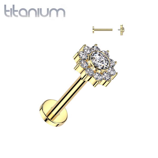 Implant Grade Titanium Gold PVD White CZ Flower Internally Threaded Flat Back Labret