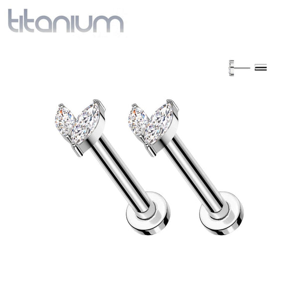 Pair of Implant Grade Titanium White CZ Leaf Marquise Gem Push In Threadless Earrings With Flat Back - Pierced Universe