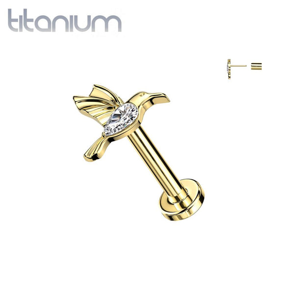 Implant Grade Titanium Gold PVD White CZ Hummingbird Threadless Labret With Flat Back - Pierced Universe