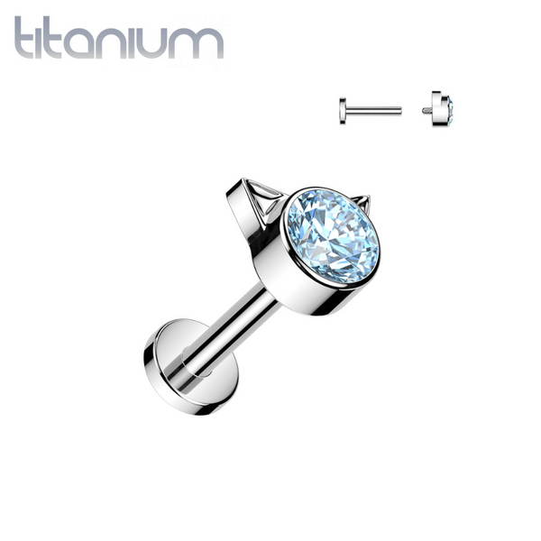 Implant Grade Titanium Aqua CZ Cat Internally Threaded Flat Back Labret