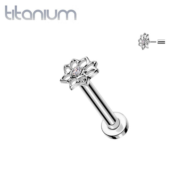 Implant Grade Titanium White CZ Lotus Flower Push In Threadless Labret With Flat Back