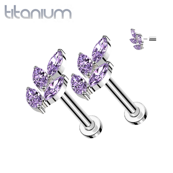 Pair of Implant Grade Titanium Threadless Large Purple CZ Leaf Push In Earrings With Flat Back