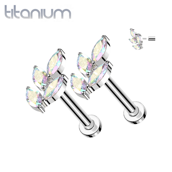 Pair of Implant Grade Titanium Threadless Large AB CZ Leaf Push In Earrings With Flat Back