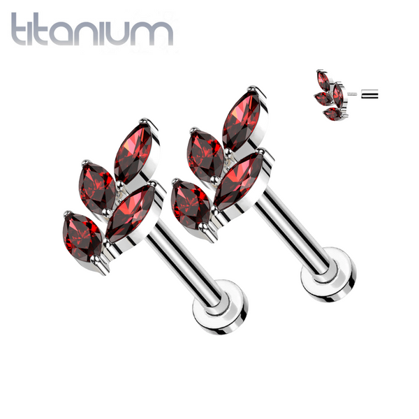 Pair of Implant Grade Titanium Threadless Large Red CZ Leaf Push In Earrings With Flat Back