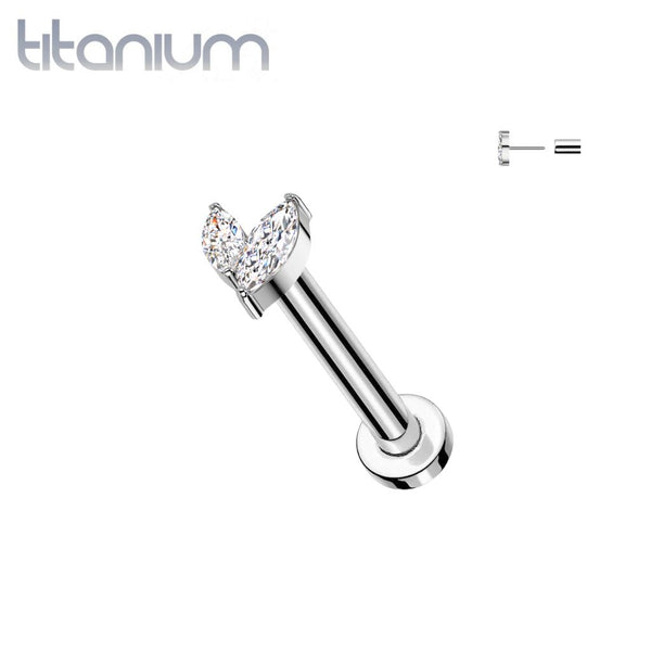 Implant Grade Titanium White CZ Leaf Marquise Gem Push In Threadless Labret With Flat Back