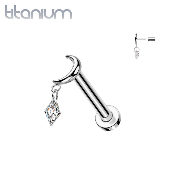 Implant Grade Titanium Crescent Moon White CZ Dangle Push In Threadless Labret With Flat Back