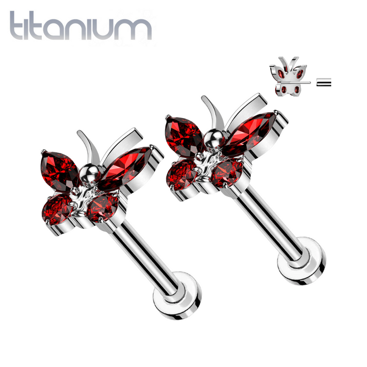 Pair of Implant Grade Titanium Red CZ Large Butterfly Threadless Push In Earrings With Flat Back - Pierced Universe