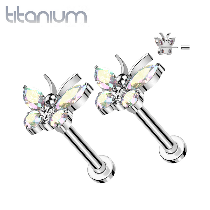 Pair of Implant Grade Titanium Aurora Borealis CZ Large Butterfly Threadless Push In Earrings With Flat Back - Pierced Universe