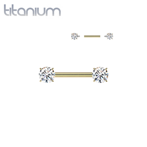 Implant Grade Titanium Gold PVD White CZ Internally Threaded Straight Barbell Nipple Ring