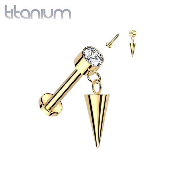 Implant Grade Titanium Gold PVD Internally Threaded White CZ Dangle Flat Back Labret