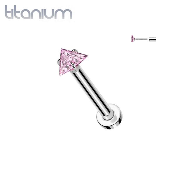 Implant Grade Titanium Threadless Pink CZ Triangle Shaped Gem Push In Labret With Flat Back