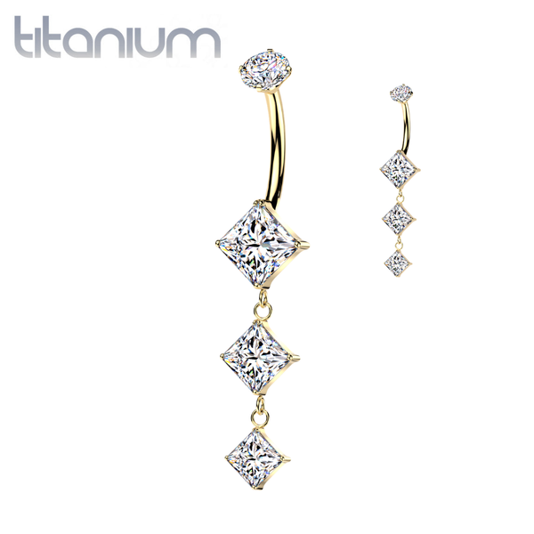 Implant Grade Titanium Gold PVD White CZ Diamond Shape Dangly Belly Ring