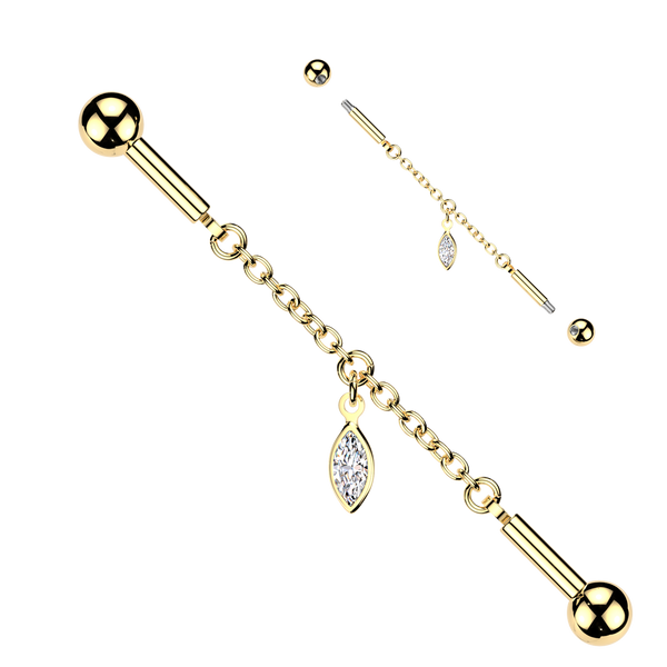 316L Surgical Steel Gold PVD White CZ Bezel Marquise Gem Dangle Flexible Industrial Barbell