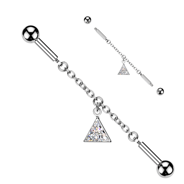 316L Surgical Steel White CZ Bezel Triangle Dangle Flexible Industrial Barbell