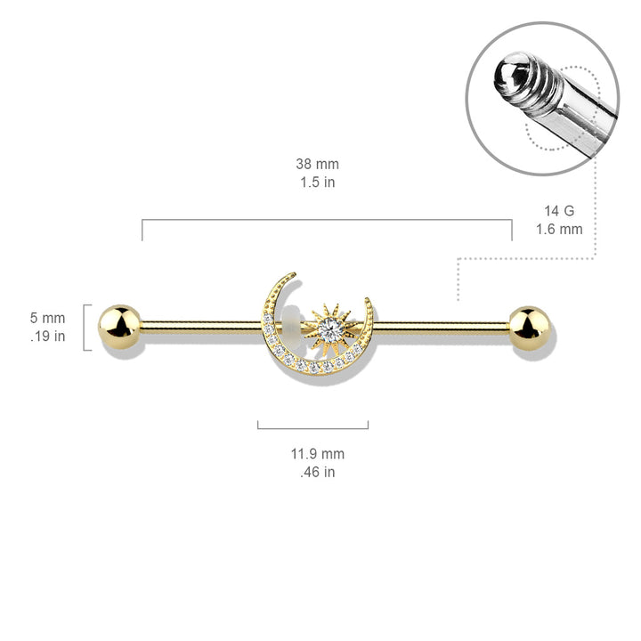 316L Surgical Steel White CZ Gem Moon & Star Industrial Barbell - Pierced Universe