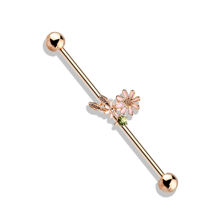 316L Surgical Steel Rose Gold PVD Green CZ Gem With Flowers Industrial Barbell - Pierced Universe